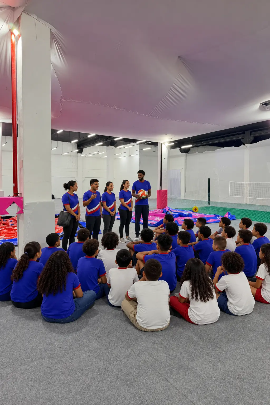 Alunos sentados em roda durante atividade do Dia das Crianças